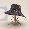 Black double-sided wide brim bucket hat with vintage pink floral pattern and chin strap - Little Floral / Black