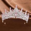Baroque silver bridal crown featuring pink rhinestones on elegant brown satin - Silver Pink