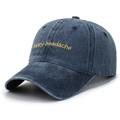 Vintage navy blue washed cotton baseball cap with yellow happy-headache embroidery - Adjustable / Navy Blue