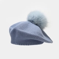 Light blue knitted beret for women with large fluffy fur pompom for winter outdoor warmth - Light Blue
