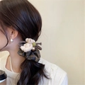 Brown plaid scrunchie with mini plush bear and decorative beads for low ponytail - Coffee Plaid Bear