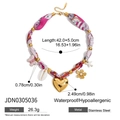 Pink floral silk scarf necklace with 18K gold heart charms and sizing specifications - JDN0305036 Pink Heart Butterfly