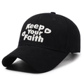 Black cotton baseball cap with white Keep Your Faith embroidery on a white background - Adjustable / Black