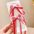 Pair of red silk bow hair clips with white tulle accents and long ribbon tails - Red 2Pcs