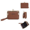 Brown litchi texture PU leather mini card wallet with double zip and hand strap - Brown
