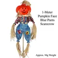 Detailed 1m Halloween scarecrow prop featuring a pumpkin face and blue overalls - Pumpkin Face Male Scarecrow / 1m