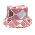 Close-up of pink checkered bucket hat with cute bear print and Nobikuma letters - M(56-58cm) / Pink
