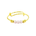 Golden twisted chain ring featuring pink pearls and adjustable sliding knot design - Three Pearl Ring (Gold Color)