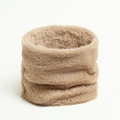 Detailed close-up of khaki faux rabbit fur neck warmer showing soft plush texture - Camel