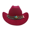 Cappello da cowboy rosa con nastro etnico, frange e pietra turchese stile bohémien - Taglia unica / Borgogna