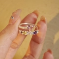 Silver rings set with pink heart gemstone and colorful crystals on finger - Adjustable Open / Pink Heart and Color Stone Set Style (J3737)