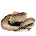 Gradient straw cowboy hat with silver bull head emblem and adjustable chin strap - Beige Coffee Gradient