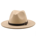 Detail of beige wool felt fedora with black leather band and gold buckle accent - M (56-58cm) / Beige