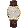 Detailed close-up of a men's business quartz watch with brown leather alligator strap - White Dial Brown Strap