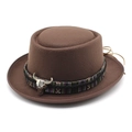 Brown wool felt western cowboy hat with bohemian woven band and metal bull head ornament - M (56-58cm) / Brown