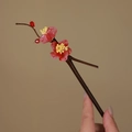 Bamboo hair stick with red plum blossom glaze flower and wooden texture for buns - Red Plum (S405)