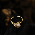 Handcrafted gold S925 silver ring featuring tree branch texture and a white opal gemstone - Adjustable Size 14 / 18K Gold