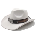 Detail of white western cowboy hat with brown leather band and turquoise studs - M (56-58cm) / Cream