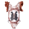 Girls' one-piece swimsuit with ruffle trim and retro black panther floral print - 104 / Dark Brown
