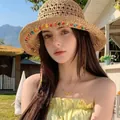 Close-up of beige woven straw hat featuring vibrant colorful beaded edge detail - L (58-60cm) / Colorful Beads Decor Khaki