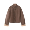 Damenjacke aus dunkelbraunem Wildlederimitat mit beigem Lammfellkragen und Knöpfen - XS / Dunkelbraun