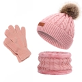 Kinder Winter Rosa Strick Mütze Schal Handschuhe Set mit Bommel warm plüsch thermische Kleidung - Set / Einzelbommel / Dunkelrosa