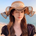 Light khaki straw sun hat with wavy brim and floral lace embroidery for beach vacation - Wave Rose Khaki