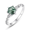 S925 sterling silver ring with hexagonal green moss agate and side diamond accents - US 7 / Hexagonal Cut Style (RG022753) / Silver