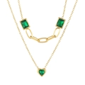 Double layered gold necklace featuring emerald green rectangular gems and a heart pendant - Green (KN282939-SP)
