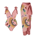 Three-piece bikini set with pink ethnic print swimsuit and matching tie-up sarong skirt - Pink Bird