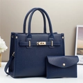 Deep blue litchi pattern tote bag set with golden hardware and matching small pouch - Dark Blue