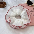 White French style lace scrunchie with red wavy trim and elegant double layer design - Red Scalloped Edge - Pure White