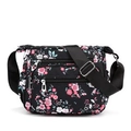 Black nylon crossbody bag with pink floral print and multiple zippered compartments - Peach Blossoms