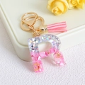 Pink resin letter R keychain with colorful glitter sequins and golden tassel charm - Letter R / Pink