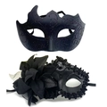 Detail of black masquerade mask with glitter patterns and lace floral embellishments - Flame Black + Side Flower Black