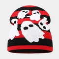 Detailed knit texture of red and black striped beanie with white ghost patterns - Style F Red+Black (Ghost Stripes)