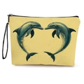 Canvas cosmetic bag with blue dolphin print, yellow fabric and black handle strap - Double Dolphins Print (With Wrist Strap)