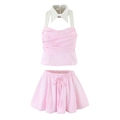 Set due pezzi Y2K da donna con top a fascia a righe rosa e pantaloncini estivi - S / Rosa
