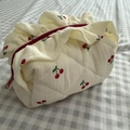 Quilted cotton cherry print makeup bag with red bow zipper and ruffle trim design - Cherry Lace Cosmetic Bag