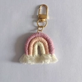 Handmade woven rainbow keychain with pink, orange, and cream cotton cords and gold metal clasp - Lotus Pink Without Flower