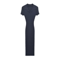 Elegant navy blue ribbed knit midi dress with short sleeves and a three-button collar - S / Dresses / Navy Blue