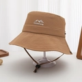 Detail of khaki outdoor bucket hat featuring mountain embroidery and windproof rope - 52-54cm / Caramel color
