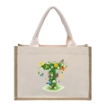 Canvas tote bag with alphabet T floral print and natural jute handles in beige - Floral Letter T