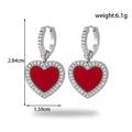 French vintage silver earrings with red heart oil painting pendant and crystal micro-pave - ER-1368 Silver Red Heart Hoop Earrings