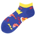 Chaussettes courtes tendance bleu marine avec motif crevette et bordure jaune - Lettres Alimentaires Bleues (C143)