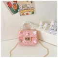 Pink girl's jelly crossbody bag with pearl handle and cute cartoon accessories - Pink
