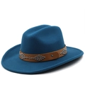 Classic dark blue wide brim wool felt jazz fedora with studded brown leather band - M (56-58cm) / Teal