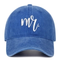Detailed embroidery of white mr. script on dark blue washed cotton baseball cap - Royal Blue Mr.
