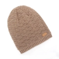 Detailed view of dark camel knit beanie featuring textured cross-weave and leather logo patch - One Size / Dark Khaki