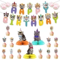 Cat birthday party decoration set with happy birthday banner and honeycomb centerpieces - Cat Banner and Honeycomb Centerpiece Set